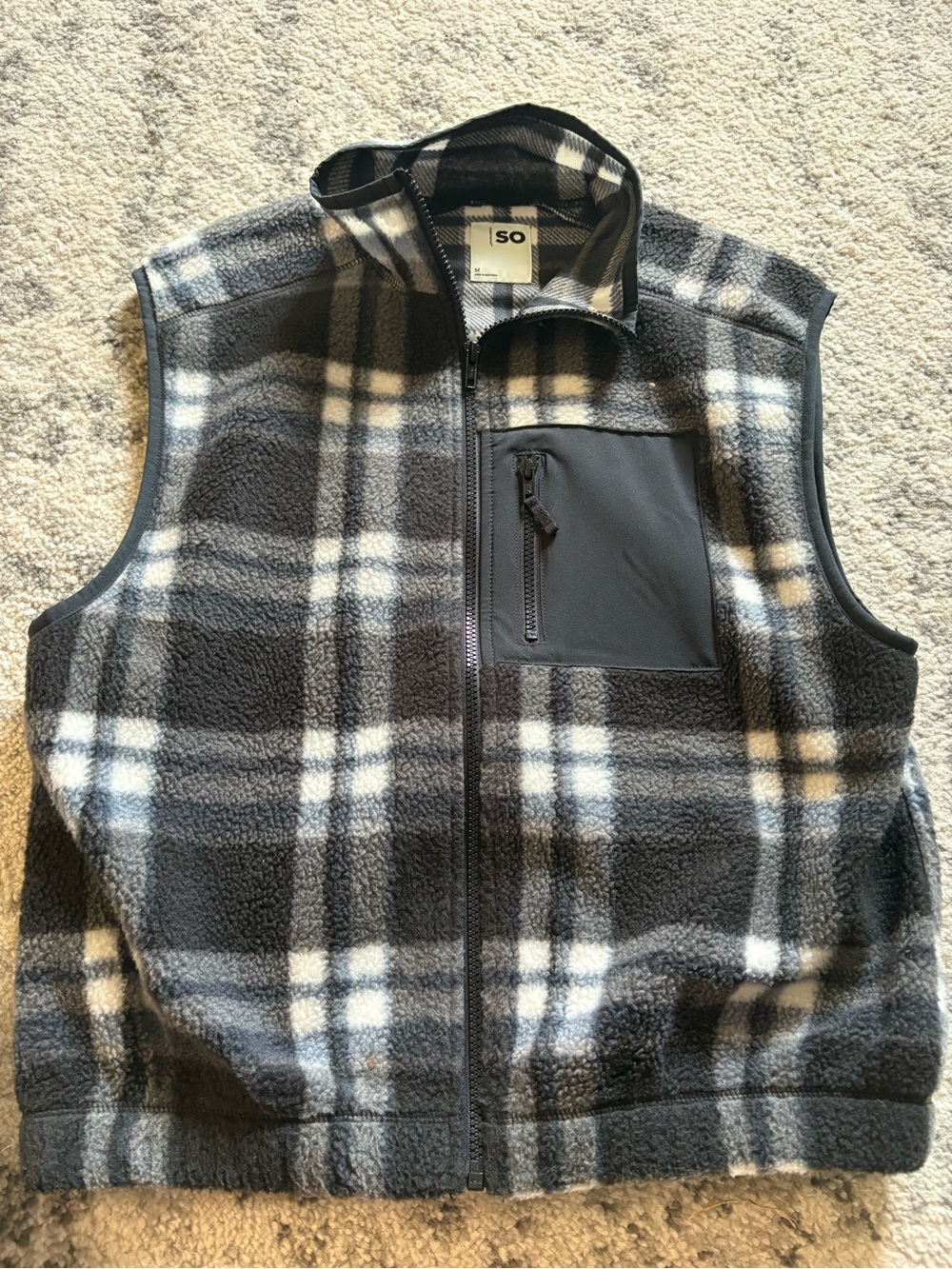 SO Womens Black & White Plaid Fleece Vest